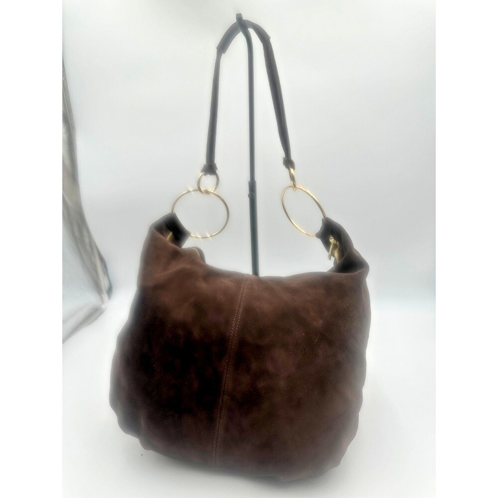MARLON Dark Chocolate Brown Suede Hobo Bag Gold Ring Handles Made In Italy